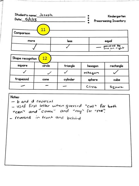 Kindergarten Screening Checklist