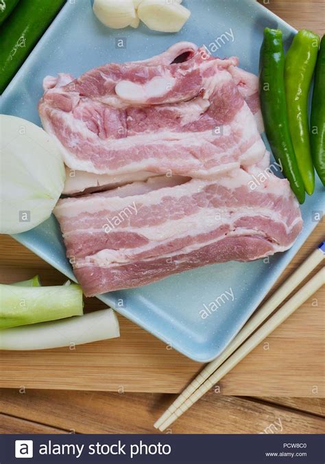 Korean Food Pork Belly And Vegetables Samgyeopsal Stock Photo Alamy