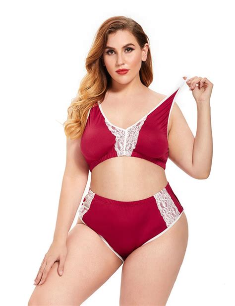 Women Plus Size Red Lace Milk Silk Bra Set Luckyplussize