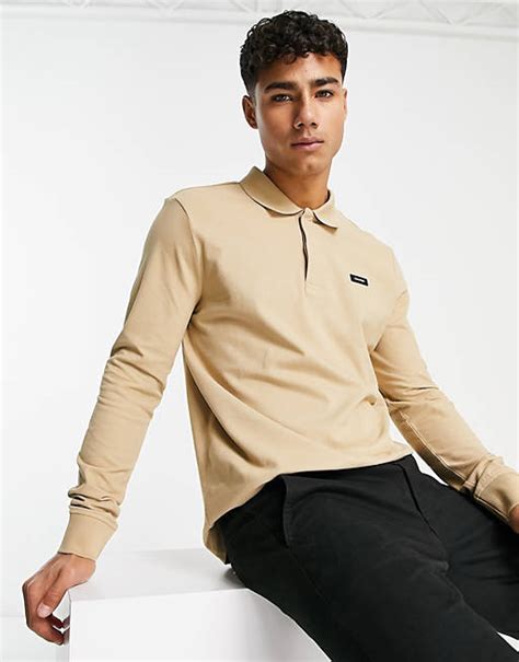 Calvin Klein Long Sleeve Pique Polo In Beige Asos