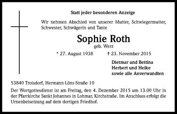 Traueranzeigen Von Sophie Roth Wirtrauern