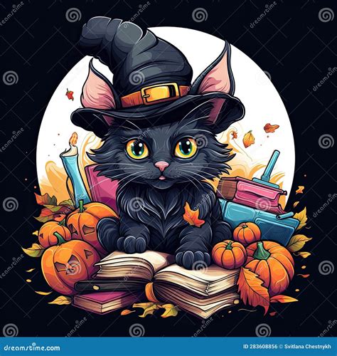 Cute Black Cat In A Witch Hat Sitting Near Halloween Pumpkin Stock