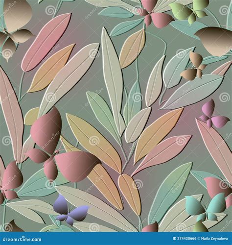 Emboss Floral 3d Seamless Pattern With Butterflies Tropical Exotic