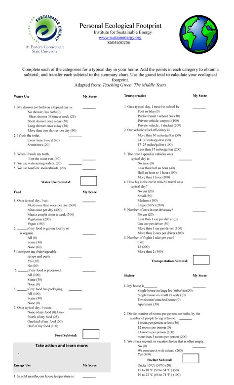 Ecological Footprint Worksheet Take Action And Learn More Personal