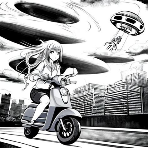 Manga Styled Girl On A Scooter Going Fast With A Ufo Openart