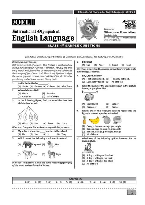 Silverzone Ioel Sample Paper 2024 25 For Class 1 International