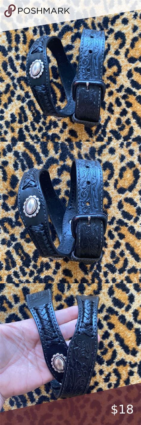 Tooled Floral Black Leather Western Woven Concho Belt Made In Mexico