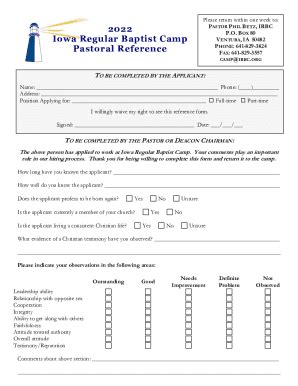 Fillable Online 2022 Iowa Regular Baptist Camp Pastoral Reference Fax Email Print - pdfFiller