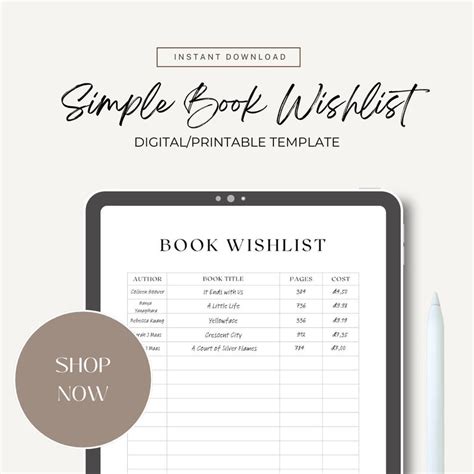 Simple Book Wish List Page Digital Printable Fillable Wishlist