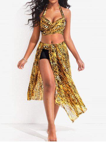 Plus Size Leopard Halter Wrap Boyleg Bikini Set And Sarong Three Piece Swimsuit 34 OFF Rosegal
