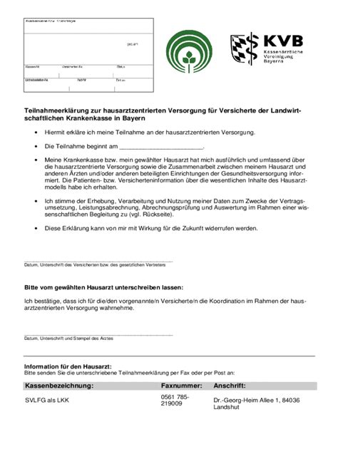 Ausf Llbar Online Kvb Form Hausarztvertrag Arzt Lkk Teilnahme Pdf Fax