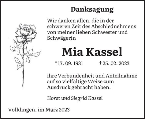 Traueranzeigen Von Mia Kassel Saarbruecker Zeitung Trauer De