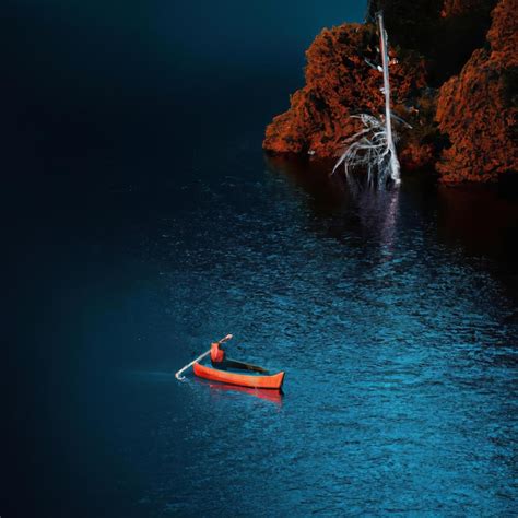 Un Hombre En Una Canoa Roja Est En Un Lago Con Un Rbol Del Lado