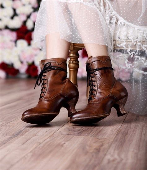 Victorian Style Leather Ankle Boots In Tan Rustic Vintage Style Shoes Victorian Shoes