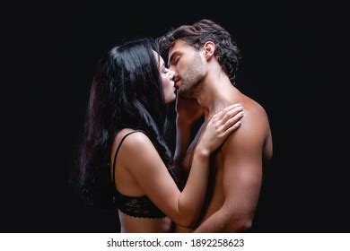 Side View Seductive Brunette Woman Kissing Stock Photo 1892258623