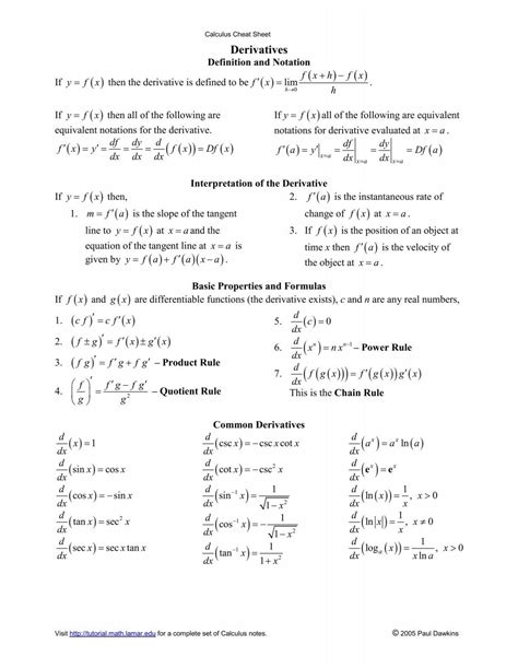 Calculus Cheat Sheet Derivatives Pauls Online Math Notes