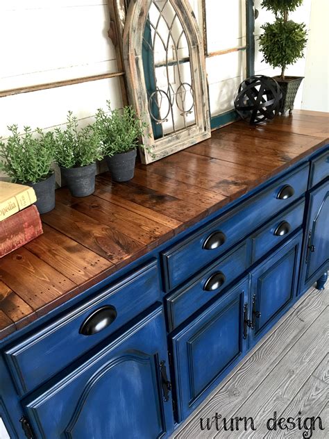 Navy Blue Buffet With Planked Top By Uturn Design Furniture Makeover