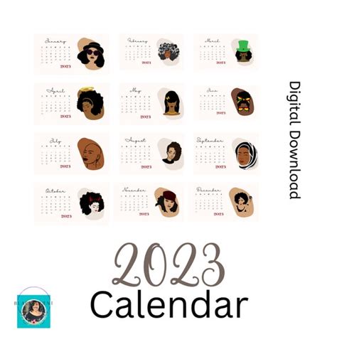 2023 Black Woman Digital Calendar Digital Download Bohemian Etsy