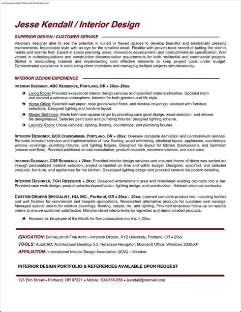 Interior Design Resume Templates Free Samples Examples Format