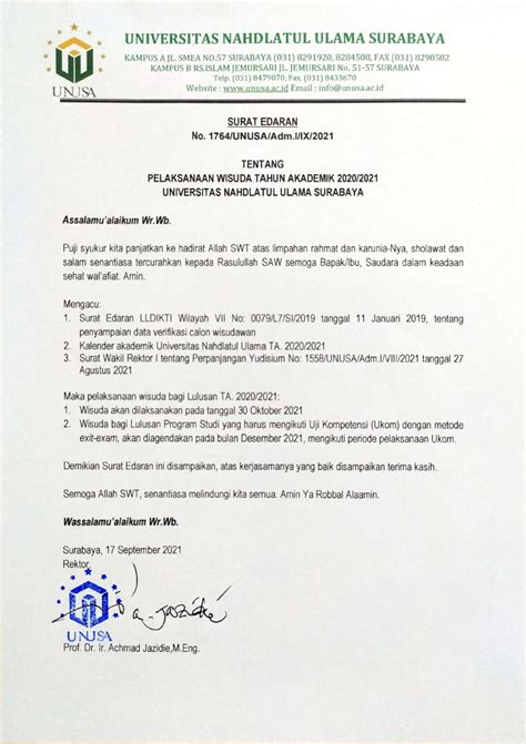 SURAT EDARAN PELAKSANAAN WISUDA TAHUN AKADEMIK 2020 2021