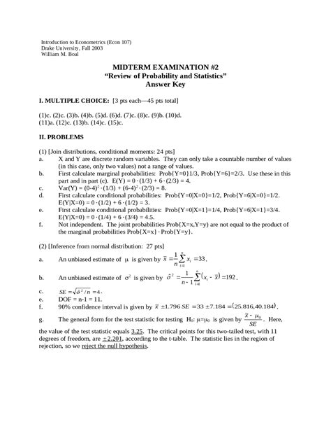 Review of Probability and Statistics - Midterm Exam #2 with Answer Key