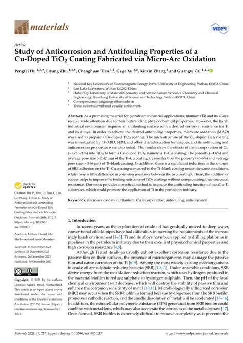 Pdf Study Of Anticorrosion And Antifouling Properties Of A Cu Doped