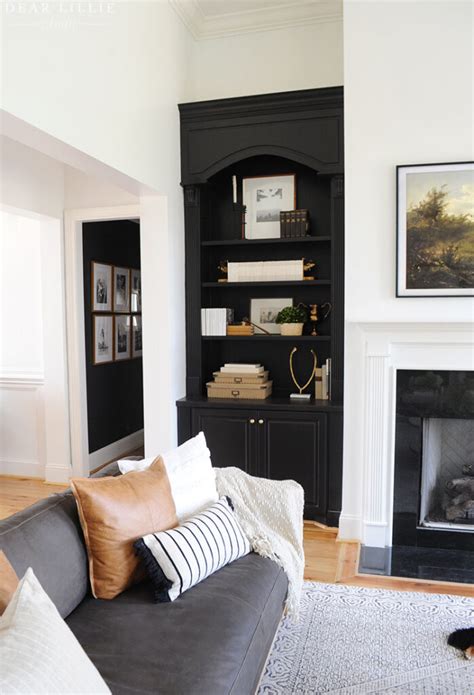 Freshly Painted Black Built In Bookshelves In Our New Living Room