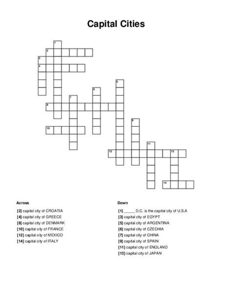 Capital Cities Crossword Puzzle