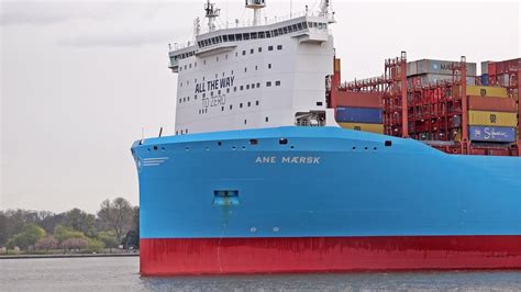 NEW 349m CONTAINER SHIP ANE MAERSK LEAVES THE PORT OF HAMBURG GERMANY