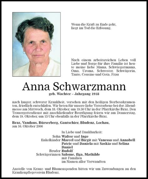 Todesanzeigen Von Anna Schwarzmann Todesanzeigen Vorarlberger Nachrichten