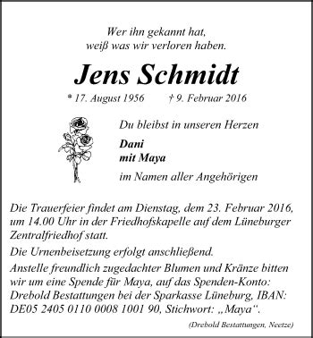 Traueranzeigen von Jens Schmidt Trauer Lüneburg de