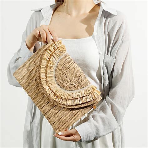 Sac Main En Raphia Tiss En Paille Pour Femme Pochette De Poignet