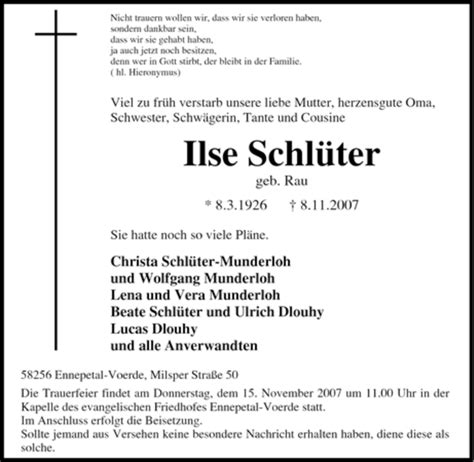 Trauer und Todesanzeigen von Ilse Schlüter Trauer de