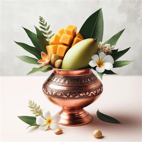 Premium Photo Photo Copper Kalash With Coconut And Mango Leaf With