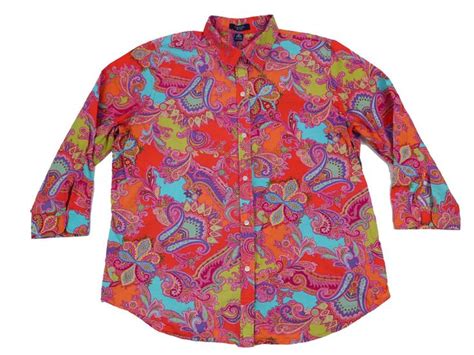 Chaps Womens Top Xl Multicolor 3 4 Sleeve Cotton Paisley Button Down