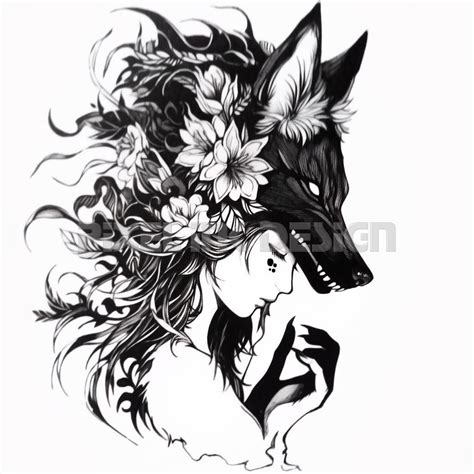 Wolf Girl Tattoo Design White Background Download Detailed - Etsy