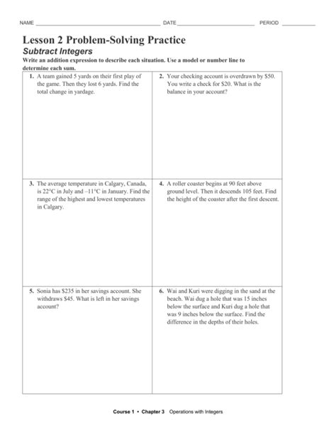 Subtracting Integers Problem Solving Classwork 102115