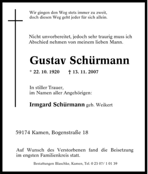 Traueranzeigen Von Gustav Sch Rmann Trauer In Nrw De