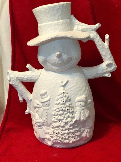 Hammered Finish Snowman In Ceramic Bisque Ready To Paint With Holes For