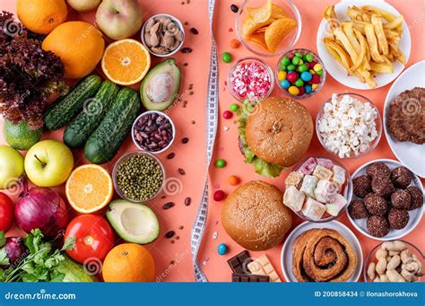 Fruit And Vegetables Vs Sweets And Fast Food Top View Flat Lay On