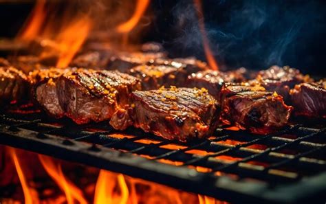 Premium Ai Image Steaks Cooking On A Grill With Flames