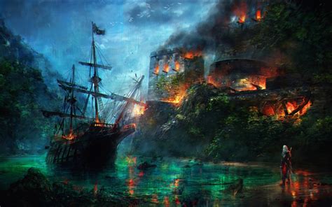 Assassin S Creed Iv Black Flag Fiery Ship Battle Hd Wallpaper