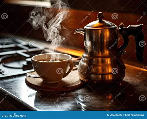 Kettle Pouring Boiling Water Into A Cup With Smoke On Wood Table