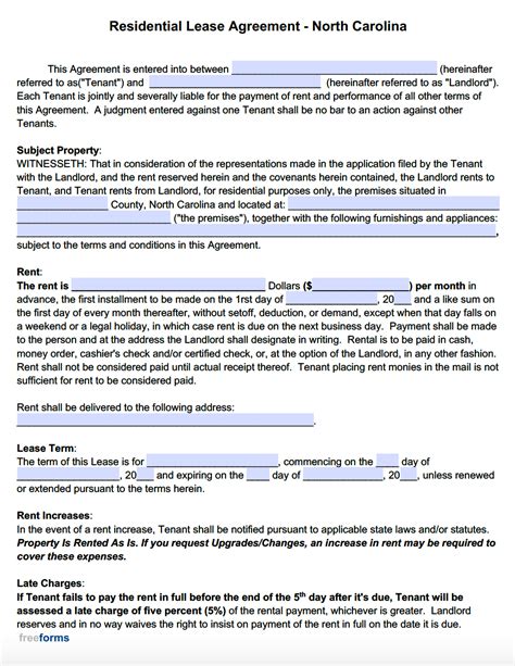 Free North Carolina Standard Residential Lease Agreement Template Pdf