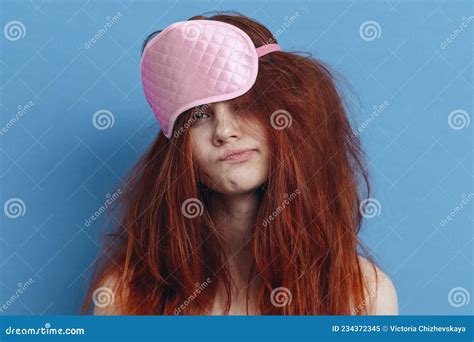 Woman With Tousled Hair Sleep Mask Posing Close Up Stock Image Image