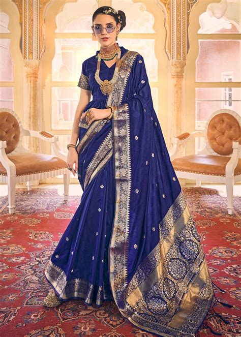 Royal Blue Woven Kanjivaram Satin Silk Saree Urban Womania