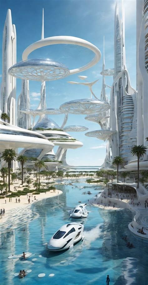 an artist's rendering of futuristic city with boats floating in the water