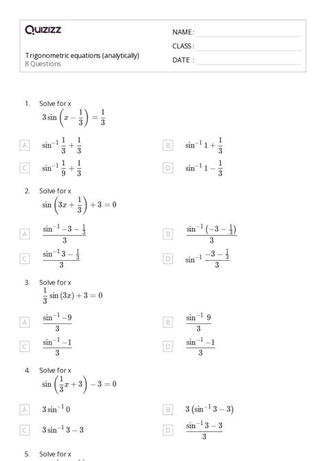 Trigonometric Equations Worksheets For Th Year On Quizizz Free