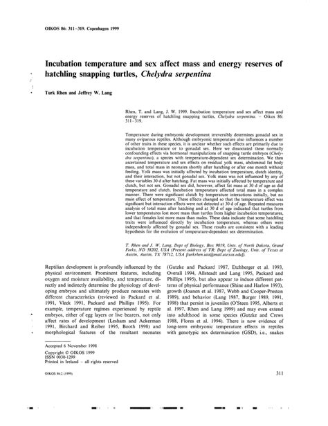 PDF Incubation Temperature And Sex Affect Mass And Energy Reserves Of