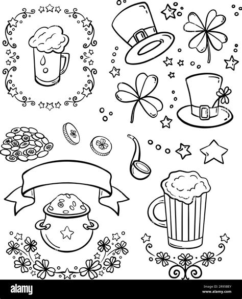 Set Of Hand Drawn St Patrick S Day Design Elements Hats Clover Stars Coloring Book Page